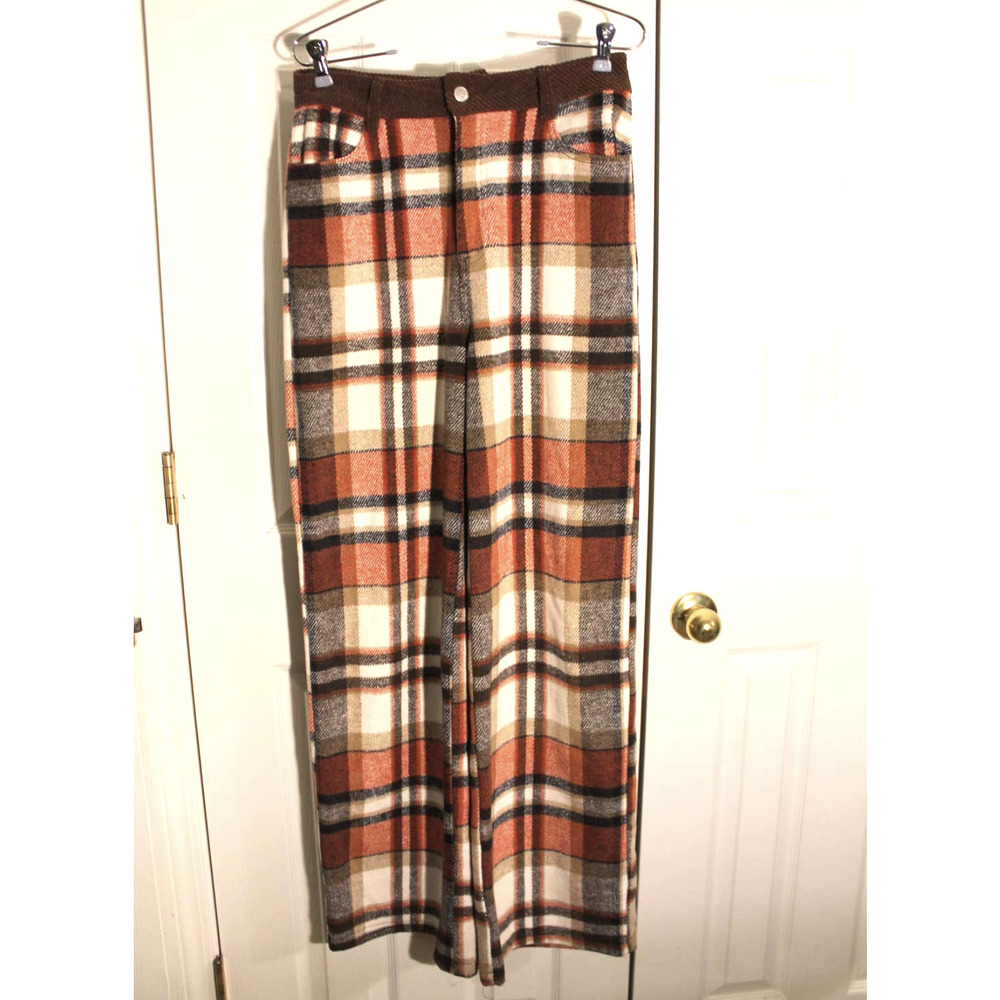 Molly Green Brown Plaid Flannel Wide Leg Pants sz M